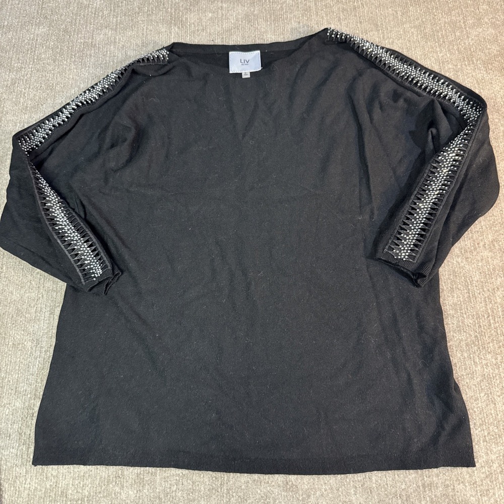 LIV Milano Knit Top Women Large Black Rhinestone Lattice Sleeve Boat Neck Glam